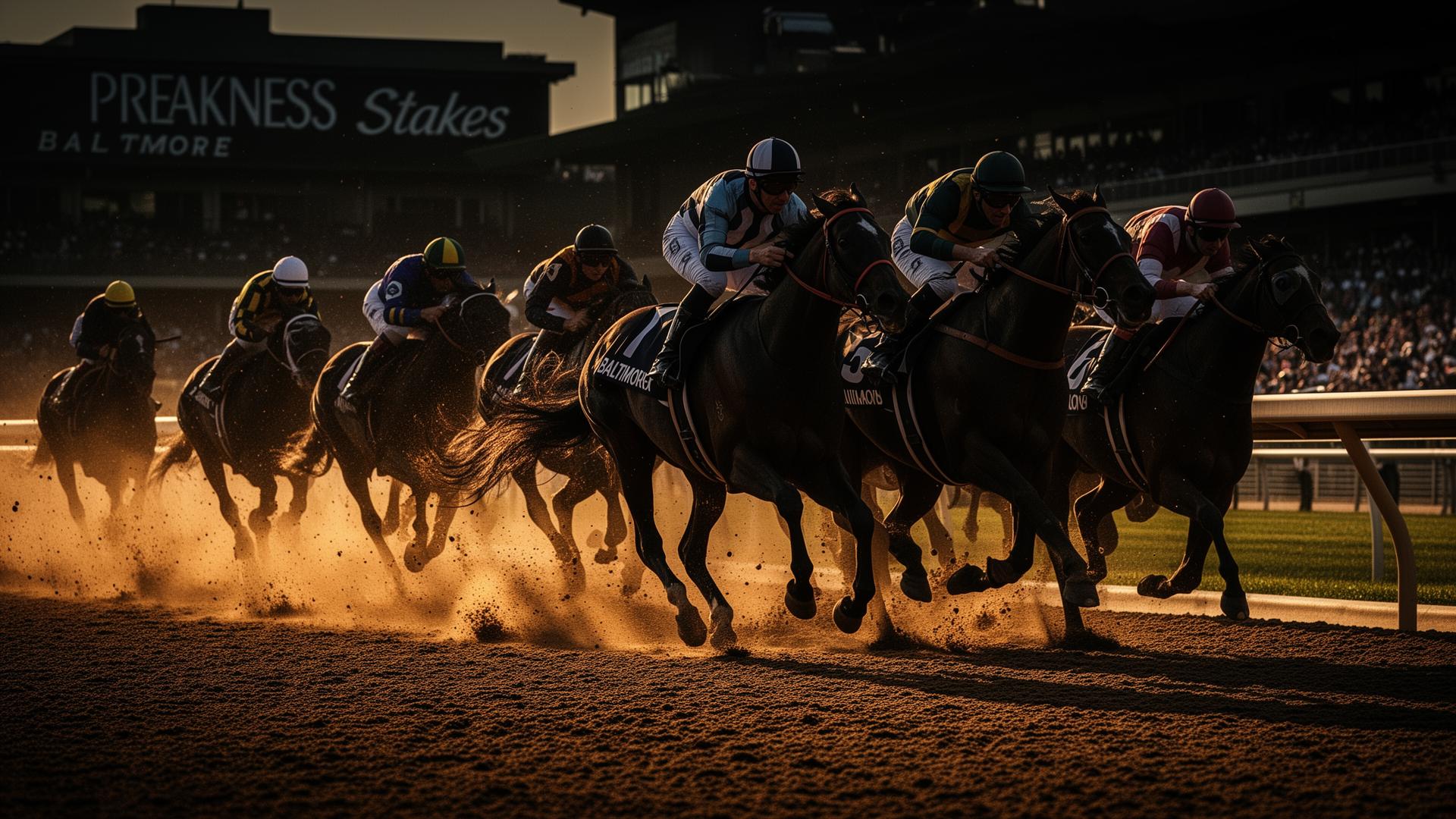Thoroughbreds racing at the Preakness Stakes in Baltimore